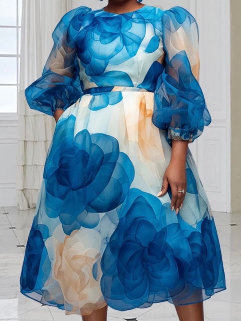 Xpluswear Blue Floral Midi Dress with Sheer Puff Sleeves